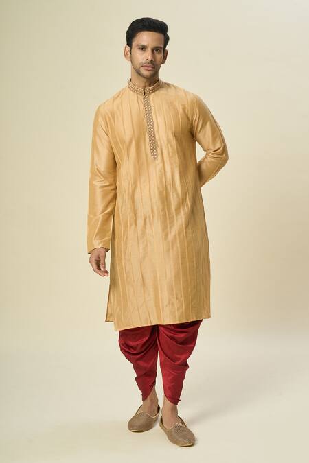 Shop_Arihant Rai Sinha_Gold Polyester, Silk Embroidery Pintuck Kurta Set With Patiala Pant _Online_at_Aza_Fashions