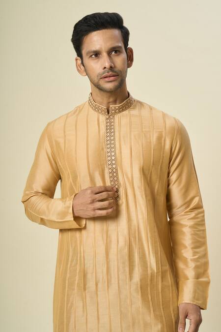 Arihant Rai Sinha_Gold Polyester, Silk Embroidery Pintuck Kurta Set With Patiala Pant _at_Aza_Fashions