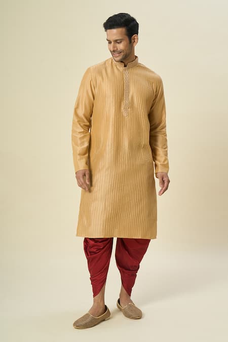 Shop Arihant Rai Sinha Gold Polyester, Silk Embroidery Pintuck Pattern Kurta And Patiala Pant Set Online at Aza Fashions Shop_Arihant Rai Sinha_Gold Polyester, Silk Embroidery Pintuck Pattern Kurta And Patiala Pant Set _Online_at_Aza_Fashions