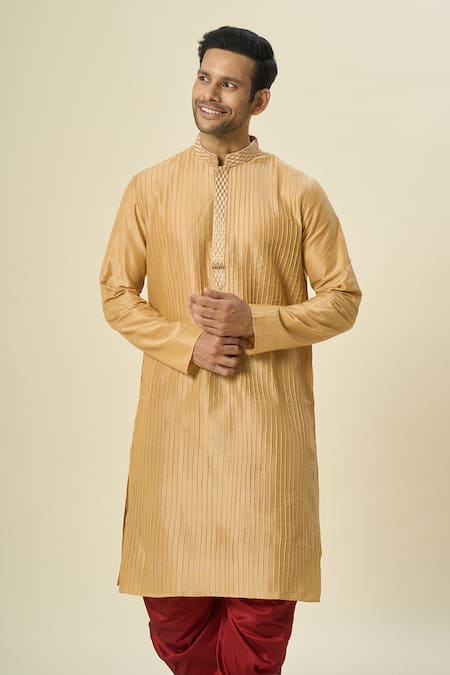 Arihant Rai Sinha Gold Polyester, Silk Embroidery Pintuck Pattern Kurta And Patiala Pant Set at Aza Fashions Arihant Rai Sinha_Gold Polyester, Silk Embroidery Pintuck Pattern Kurta And Patiala Pant Set _at_Aza_Fashions