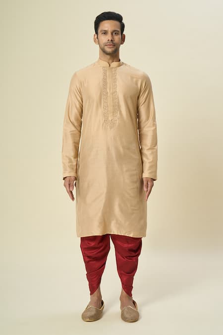 Arihant Rai Sinha_Beige Polyester, Silk Embroidery Floral Paisley Kurta Set _Online_at_Aza_Fashions