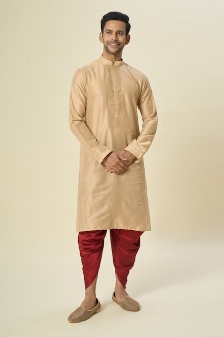 Buy_Arihant Rai Sinha_Beige Polyester, Silk Embroidery Floral Paisley Kurta Set _Online_at_Aza_Fashions
