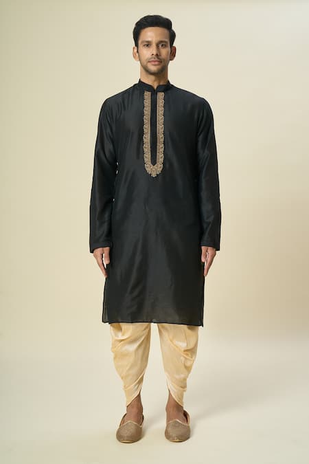 Shop_Arihant Rai Sinha_Black Polyester, Silk Embroidery Floral Kurta Set _Online_at_Aza_Fashions