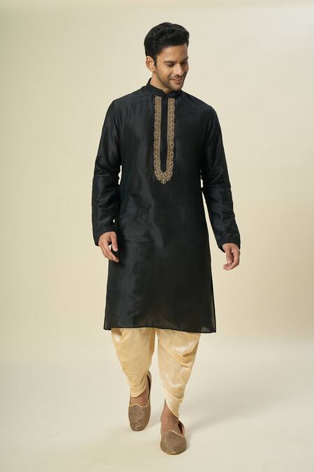 Arihant Rai Sinha_Black Polyester, Silk Embroidery Floral Kurta Set _at_Aza_Fashions