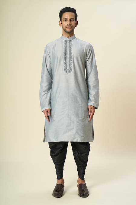 Buy_Arihant Rai Sinha_Gray Polyester, Silk Embroidery Floral Grey Kurta And Patiala Pant _Online_at_Aza_Fashions