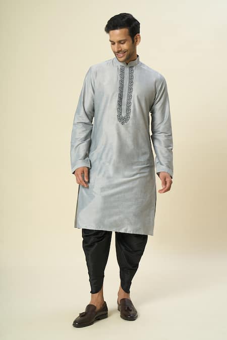 Shop_Arihant Rai Sinha_Gray Polyester, Silk Embroidery Floral Grey Kurta And Patiala Pant _Online_at_Aza_Fashions