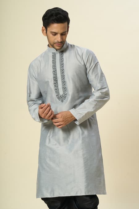 Arihant Rai Sinha_Gray Polyester, Silk Embroidery Floral Grey Kurta And Patiala Pant _at_Aza_Fashions