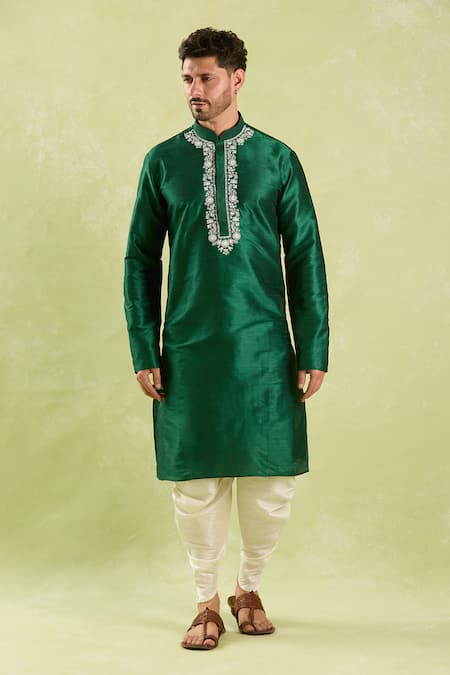 Shop Arihant Rai Sinha Green Silk Embroidery Floral Kurta And Patiala Pant Set Online at Aza Fashions Shop_Arihant Rai Sinha_Green Silk Embroidery Floral Kurta And Patiala Pant Set _Online_at_Aza_Fashions