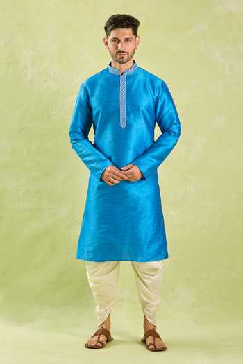 Buy_Arihant Rai Sinha_Blue Silk Embroidery Geometric Kurta Set _Online_at_Aza_Fashions