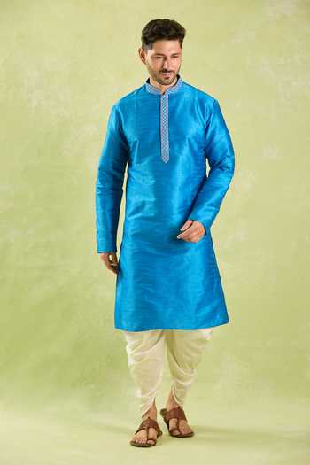 Shop_Arihant Rai Sinha_Blue Silk Embroidery Geometric Kurta Set _Online_at_Aza_Fashions