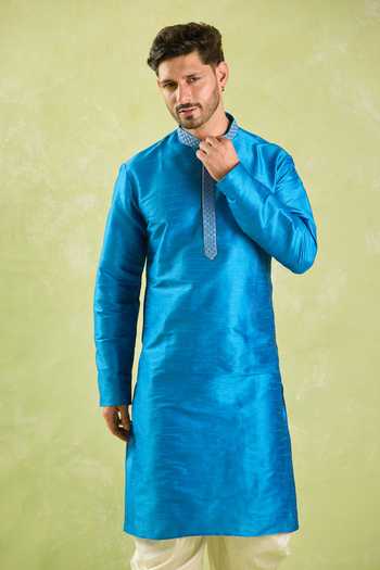 Arihant Rai Sinha_Blue Silk Embroidery Geometric Kurta Set _at_Aza_Fashions