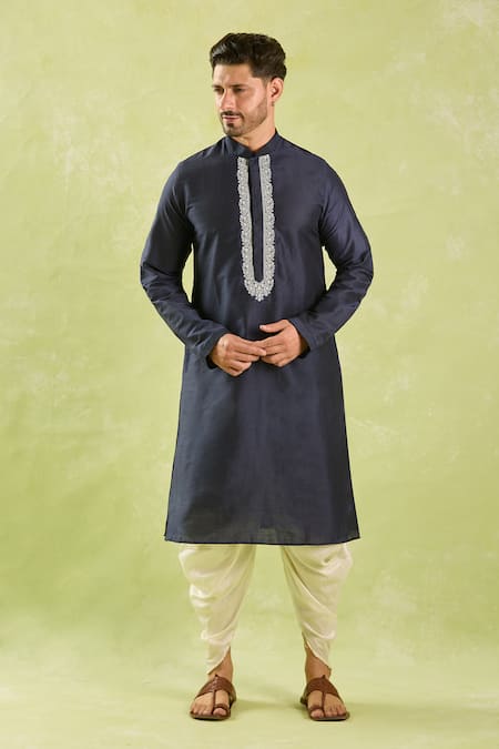 Shop_Arihant Rai Sinha_Blue Polyester, Silk Embroidery Navy Kurta And Patiala Pant Set _Online_at_Aza_Fashions