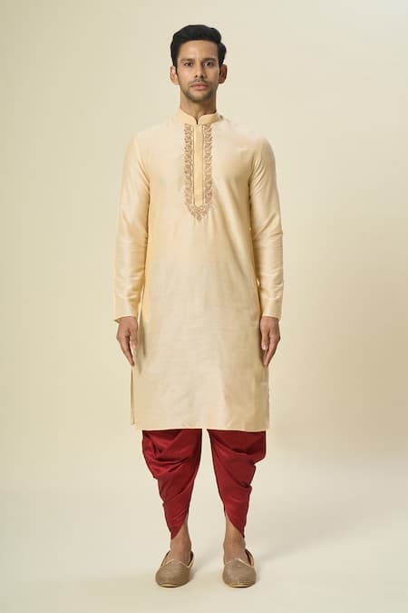 Shop_Arihant Rai Sinha_Beige Polyester, Silk Embroidery Floral Kurta Set _Online_at_Aza_Fashions