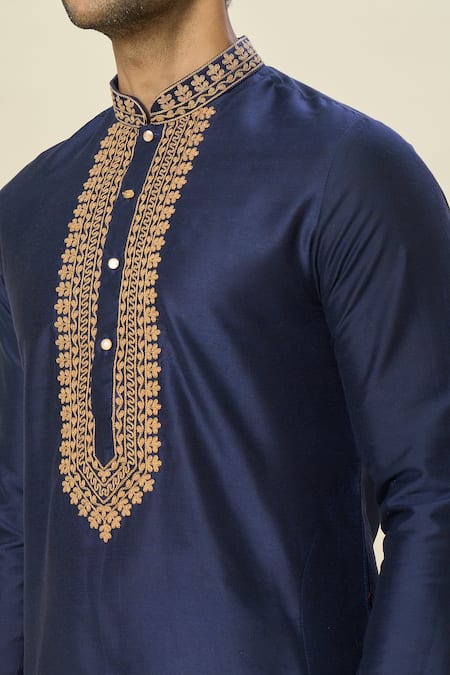 Buy_Arihant Rai Sinha_Blue Polyester, Silk Embroidery Floral Navy Kurta Set _Online_at_Aza_Fashions