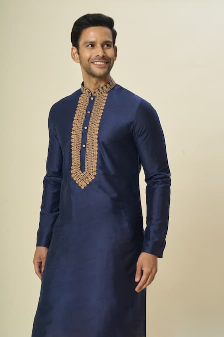 Buy_Arihant Rai Sinha_Blue Polyester, Silk Embroidery Floral Navy Kurta Set 