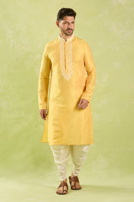 Shop_Arihant Rai Sinha_Yellow Polyester, Silk Embroidery Floral Kurta And Patiala Pant _Online_at_Aza_Fashions