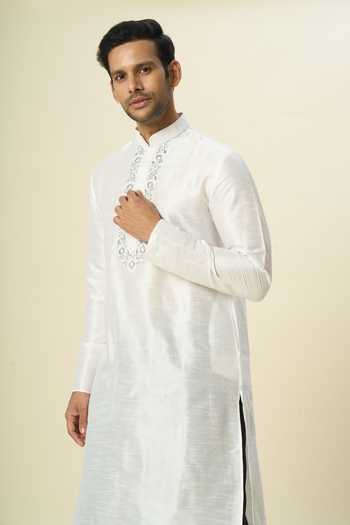 Arihant Rai Sinha Off White Silk Embroidery Placket Kurta And Churidar Set Online at Aza Fashions Arihant Rai Sinha_Off White Silk Embroidery Placket Kurta And Churidar Set _Online_at_Aza_Fashions