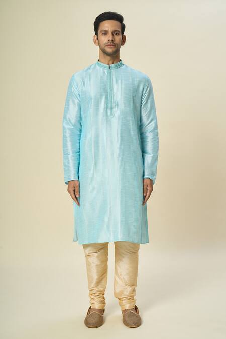 Shop_Arihant Rai Sinha_Sky Blue Silk Pintuck Pattern Kurta Set _Online_at_Aza_Fashions
