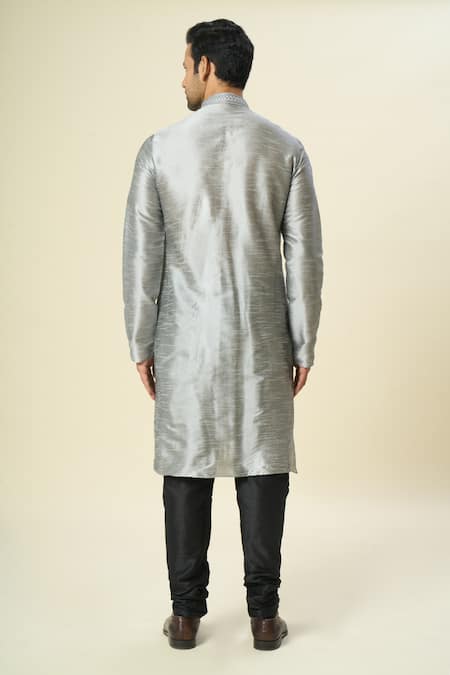 Shop Arihant Rai Sinha Gray Silk Embroidery Diagonal Pintuck Kurta And Churidar Set at Aza Fashions Shop_Arihant Rai Sinha_Gray Silk Embroidery Diagonal Pintuck Kurta And Churidar Set _at_Aza_Fashions