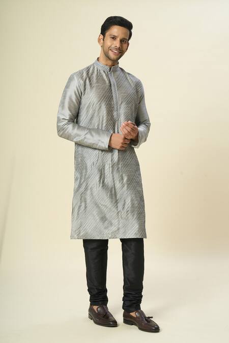 Shop Arihant Rai Sinha Gray Silk Embroidery Diagonal Pintuck Kurta And Churidar Set Online at Aza Fashions Shop_Arihant Rai Sinha_Gray Silk Embroidery Diagonal Pintuck Kurta And Churidar Set _Online_at_Aza_Fashions