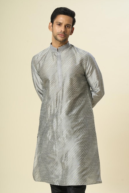 Arihant Rai Sinha Gray Silk Embroidery Diagonal Pintuck Kurta And Churidar Set at Aza Fashions Arihant Rai Sinha_Gray Silk Embroidery Diagonal Pintuck Kurta And Churidar Set _at_Aza_Fashions