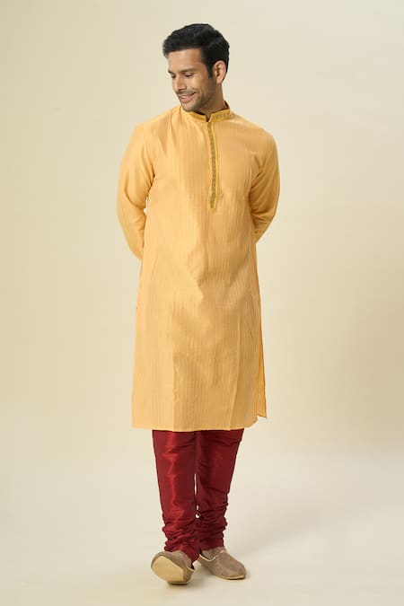 Shop Arihant Rai Sinha Orange Polyester, Silk Embroidery Vertical Pintuck Kurta Set Online at Aza Fashions Shop_Arihant Rai Sinha_Orange Polyester, Silk Embroidery Vertical Pintuck Kurta Set _Online_at_Aza_Fashions