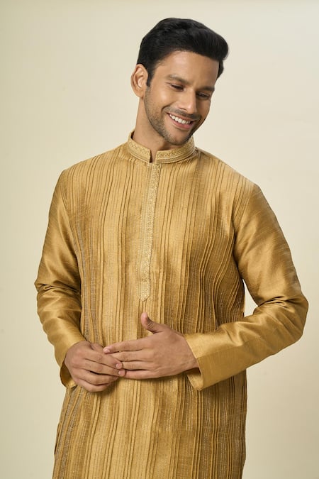 Arihant Rai Sinha_Gold Silk Embroidery Pintuck Threadwork Kurta Set _Online_at_Aza_Fashions