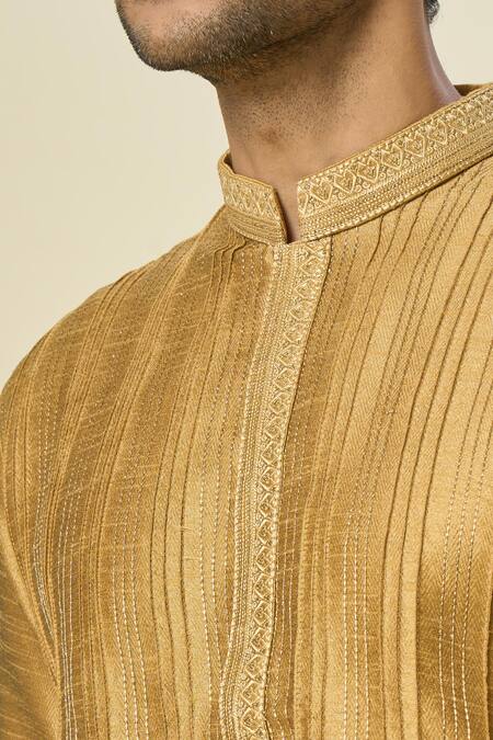 Buy_Arihant Rai Sinha_Gold Silk Embroidery Pintuck Threadwork Kurta Set _Online_at_Aza_Fashions