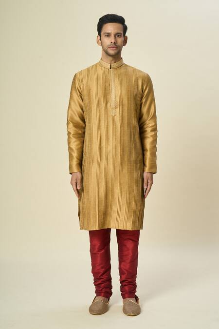 Shop_Arihant Rai Sinha_Gold Silk Embroidery Pintuck Threadwork Kurta Set _Online_at_Aza_Fashions