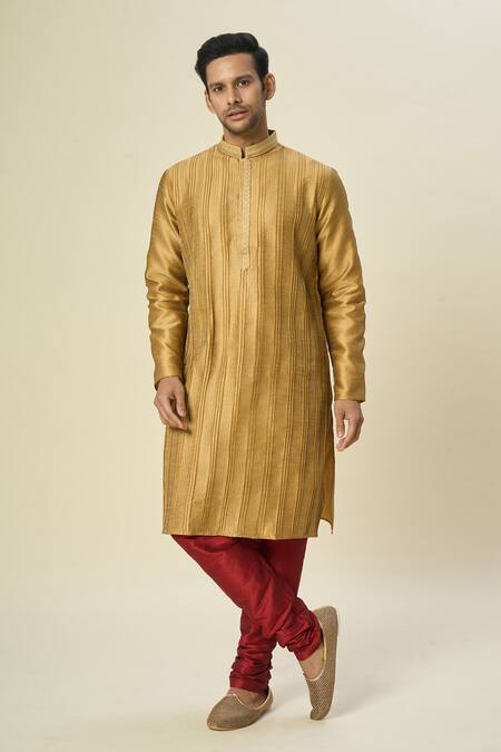 Arihant Rai Sinha_Gold Silk Embroidery Pintuck Threadwork Kurta Set _at_Aza_Fashions
