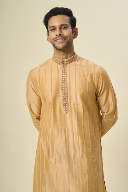 Arihant Rai Sinha_Gold Polyester, Chanderi Embroidery Pintuck Striped Kurta Set _Online_at_Aza_Fashions