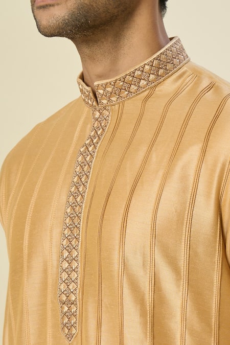 Buy_Arihant Rai Sinha_Gold Polyester, Chanderi Embroidery Pintuck Striped Kurta Set _Online_at_Aza_Fashions