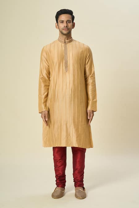 Shop_Arihant Rai Sinha_Gold Polyester, Chanderi Embroidery Pintuck Striped Kurta Set _Online_at_Aza_Fashions