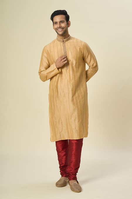 Arihant Rai Sinha_Gold Polyester, Chanderi Embroidery Pintuck Striped Kurta Set _at_Aza_Fashions