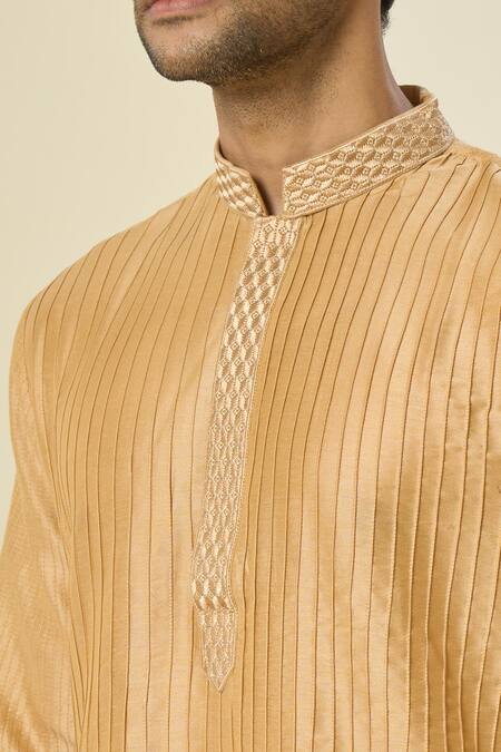 Arihant Rai Sinha_Gold Polyester, Chanderi Silk Embroidery Pintuck Kurta Set With Churidar _Online_at_Aza_Fashions