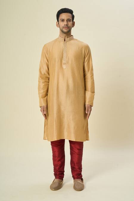 Buy_Arihant Rai Sinha_Gold Polyester, Chanderi Silk Embroidery Pintuck Kurta Set With Churidar _Online_at_Aza_Fashions