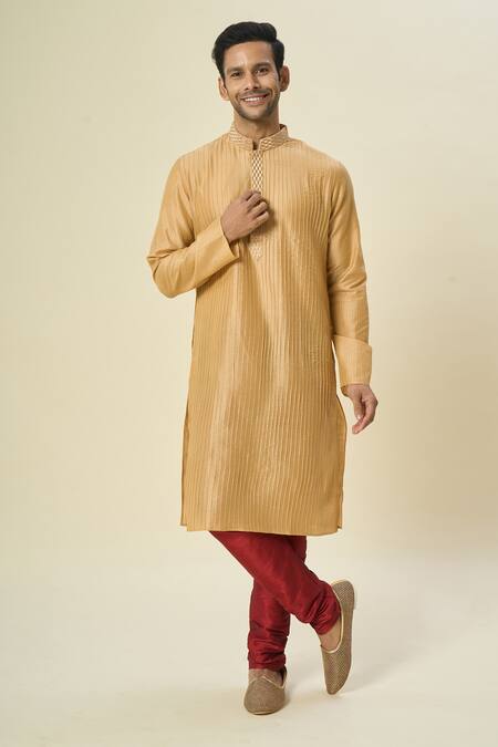 Shop_Arihant Rai Sinha_Gold Polyester, Chanderi Silk Embroidery Pintuck Kurta Set With Churidar _Online_at_Aza_Fashions
