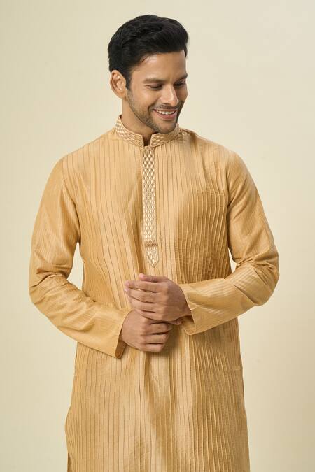 Arihant Rai Sinha_Gold Polyester, Chanderi Silk Embroidery Pintuck Kurta Set With Churidar _at_Aza_Fashions