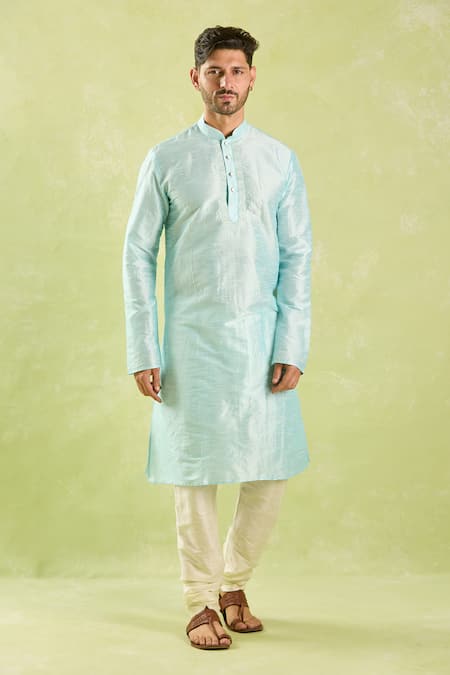 Arihant Rai Sinha_Sky Blue Silk Embroidery Tonal Placket Kurta Set _Online_at_Aza_Fashions