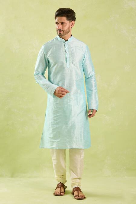Arihant Rai Sinha_Sky Blue Silk Embroidery Tonal Placket Kurta Set _at_Aza_Fashions