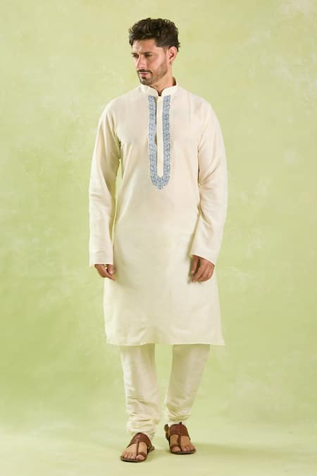 Arihant Rai Sinha_Cream Polyester, Silk, Chanderi Embroidery Contrast Placket Kurta Set _Online_at_Aza_Fashions