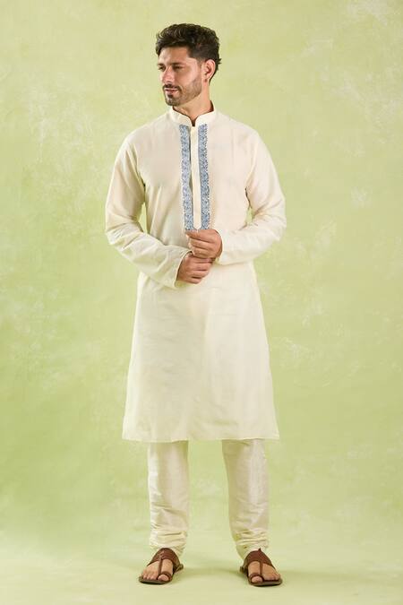 Buy_Arihant Rai Sinha_Cream Polyester, Silk, Chanderi Embroidery Contrast Placket Kurta Set _Online_at_Aza_Fashions