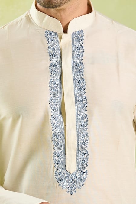 Shop_Arihant Rai Sinha_Cream Polyester, Silk, Chanderi Embroidery Contrast Placket Kurta Set _Online_at_Aza_Fashions