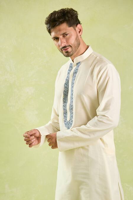Arihant Rai Sinha_Cream Polyester, Silk, Chanderi Embroidery Contrast Placket Kurta Set _at_Aza_Fashions