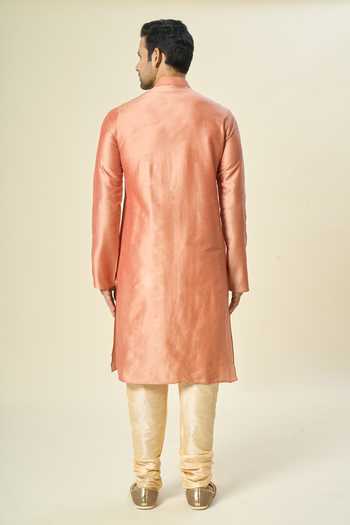 Shop Arihant Rai Sinha Peach Polyester, Chanderi Embroidery Contrast Placket Kurta And Churidar at Aza Fashions Shop_Arihant Rai Sinha_Peach Polyester, Chanderi Embroidery Contrast Placket Kurta And Churidar _at_Aza_Fashions