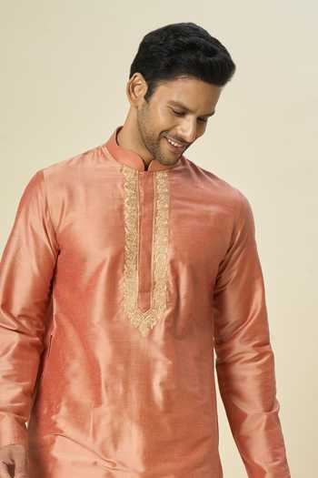 Arihant Rai Sinha Peach Polyester, Chanderi Embroidery Contrast Placket Kurta And Churidar Online at Aza Fashions Arihant Rai Sinha_Peach Polyester, Chanderi Embroidery Contrast Placket Kurta And Churidar _Online_at_Aza_Fashions