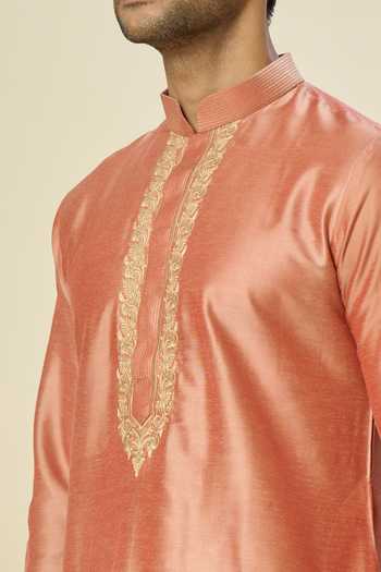 Buy Arihant Rai Sinha Peach Polyester, Chanderi Embroidery Contrast Placket Kurta And Churidar Online at Aza Fashions Buy_Arihant Rai Sinha_Peach Polyester, Chanderi Embroidery Contrast Placket Kurta And Churidar _Online_at_Aza_Fashions
