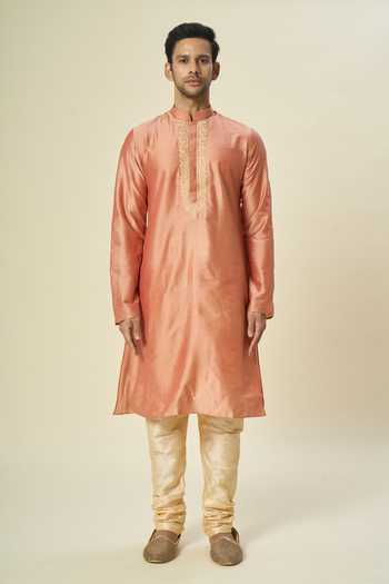 Shop Arihant Rai Sinha Peach Polyester, Chanderi Embroidery Contrast Placket Kurta And Churidar Online at Aza Fashions Shop_Arihant Rai Sinha_Peach Polyester, Chanderi Embroidery Contrast Placket Kurta And Churidar _Online_at_Aza_Fashions