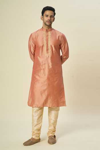 Arihant Rai Sinha Peach Polyester, Chanderi Embroidery Contrast Placket Kurta And Churidar at Aza Fashions Arihant Rai Sinha_Peach Polyester, Chanderi Embroidery Contrast Placket Kurta And Churidar _at_Aza_Fashions