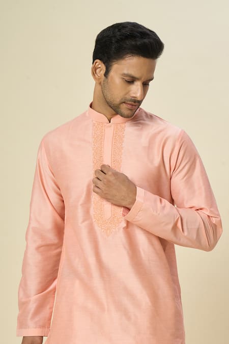 Arihant Rai Sinha_Pink Polyester, Chanderi Embroidery Paisley Placket Kurta And Churidar _Online_at_Aza_Fashions